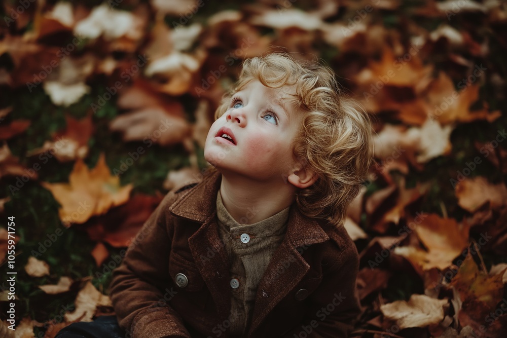 A thoughtful child with curly hair sits amongst fallen autumn leaves, looking upwards in wonder and curiosity. A thoughtful child with curly hair sits amongst fallen autumn leaves, looking upwards in wonder and curiosity.