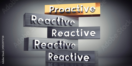 Canvastavla Proactive and reactive - words on metal blocks - 3D illustration