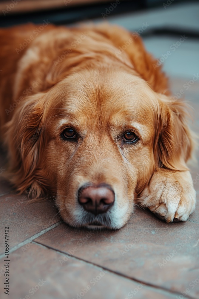 A serene golden retriever dog lying on a tiled floor, appearing relaxed and content, gazing gently. A serene golden retriever dog lying on a tiled floor, appearing relaxed and content, gazing gently.