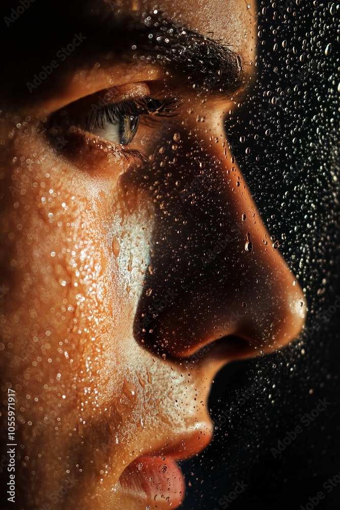 A close-up side profile of a face behind a rainy glass window, creating a moody and introspective ambiance. A close-up side profile of a face behind a rainy glass window, creating a moody and introspective ambiance.