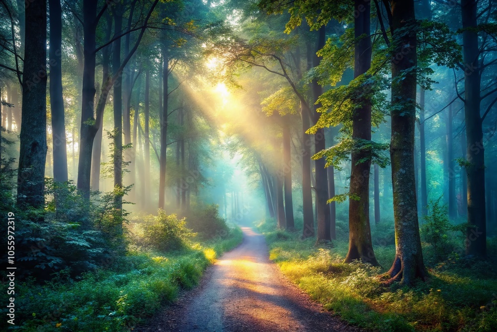 Tranquil Forest Path with Morning Mist and Sunlight for a Serene Nature Experience Tranquil Forest Path with Morning Mist and Sunlight for a Serene Nature Experience