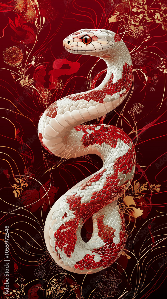 Fototapeta premium an artistic illustration of a snake with a red head and a beige body with red and beige scales