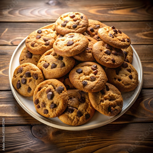 A plate holds freshly baked chocolate chip cookies against on a wooden table.