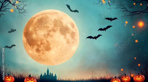 Haunted halloween landscape background with a spooky castle bats and a big moon in the sky at night. Happy Halloween! Party invitation card design. Empty poster template.