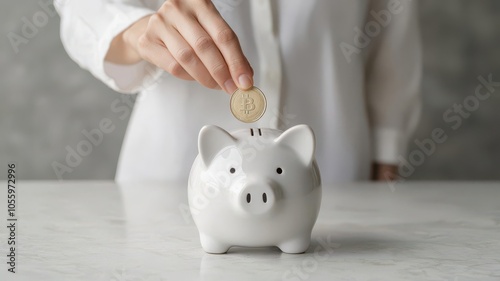 Artistic view of a coin being placed into a piggy bank labeled  Longterm Value,  emphasizing the benefits of saving, Coin in longterm value piggy bank, Simple and meaningful photo