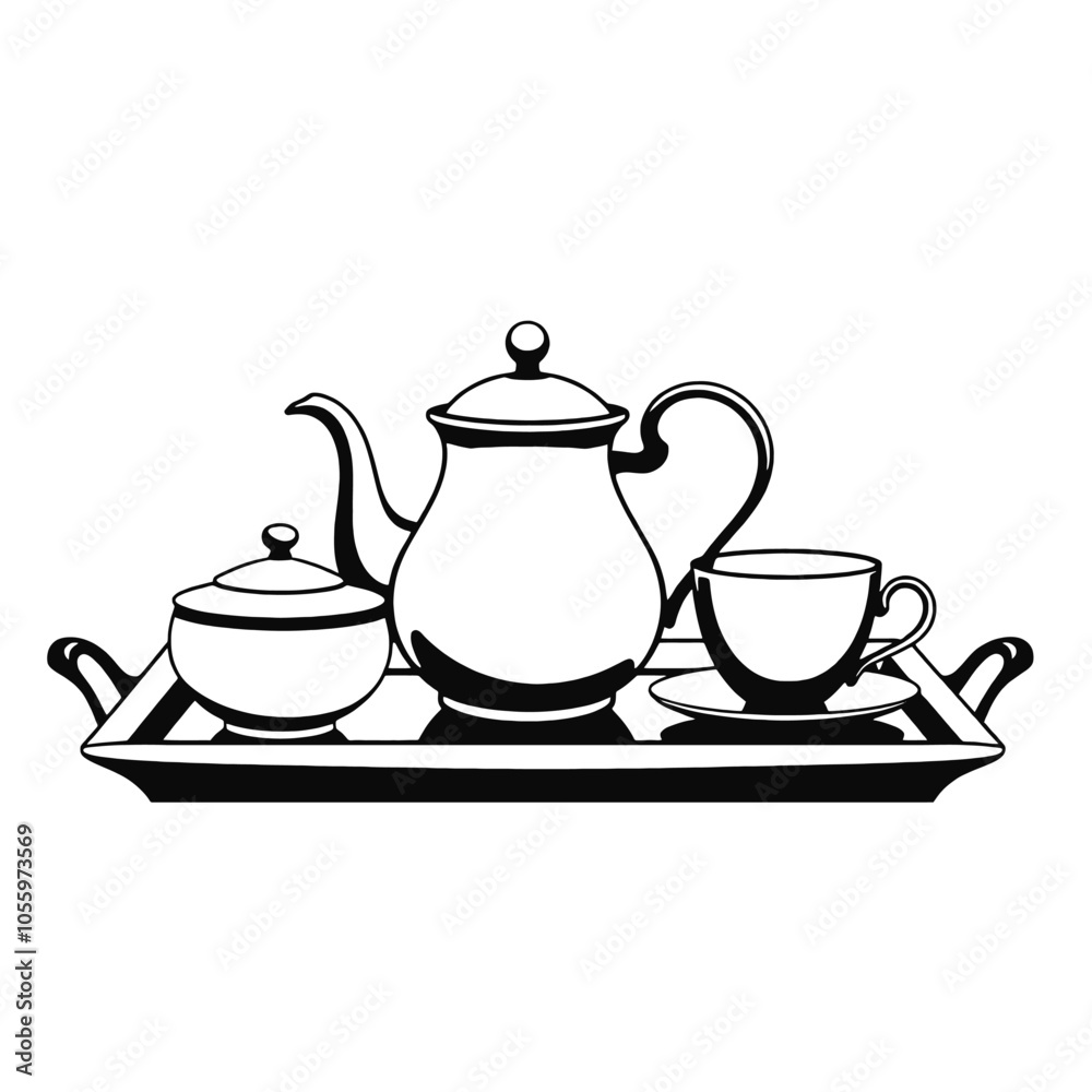 a black and white illustration of a tea set on a tray. The set includes a teapot, a sugar bowl, and a cup and saucer a black and white illustration of a tea set on a tray. The set includes a teapot, a sugar bowl, and a cup and saucer