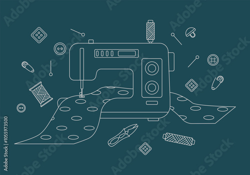 Sewing mashine and tailoring tools in outline. Accessories for atelier, dressmaker in line. Elements for needlework, handmade, hobby. Sew or clothes designer concept. Vector illustration in sketch