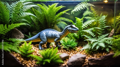 A vibrant terrarium display featuring a dinosaur model walking through a dense green landscape of ferns and succulents.