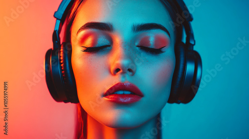 A young woman enjoying music with headphones in a vibrant environment illuminated by blue and orange light