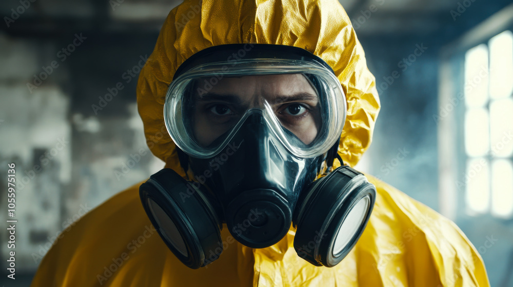 Individual in yellow protective suit and gas mask poses in an abandoned industrial setting with dramatic lighting during daytime Individual in yellow protective suit and gas mask poses in an abandoned industrial setting with dramatic lighting during daytime