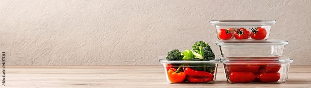 Fresh vegetables in transparent containers on wooden table, light background Fresh vegetables in transparent containers on wooden table, light background