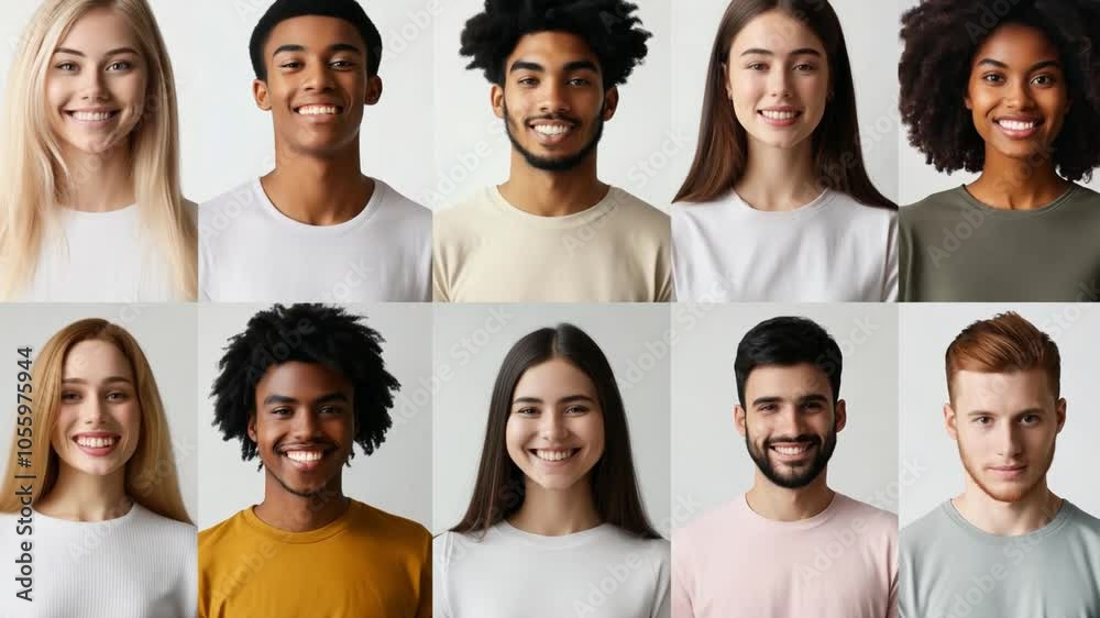 A collection of portraits featuring young multiethnic men and women with various hairstyles, smiling to camera, highlighting diversity and individuality