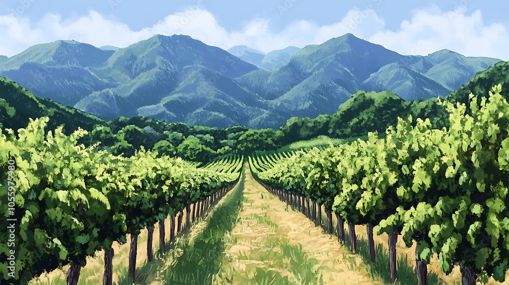 Naklejka premium Lush Vineyard Landscape with Mountains in Background