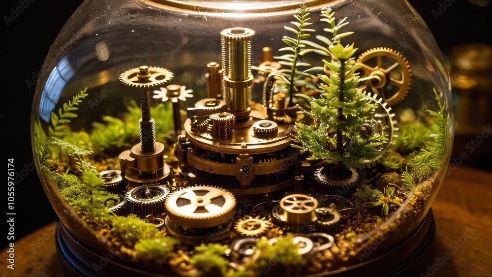 A steampunk-themed terrarium featuring intricate brass gears, plants, and moss, blending mechanical art with nature inside a glass dome. A steampunk-themed terrarium featuring intricate brass gears, plants, and moss, blending mechanical art with nature inside a glass dome.