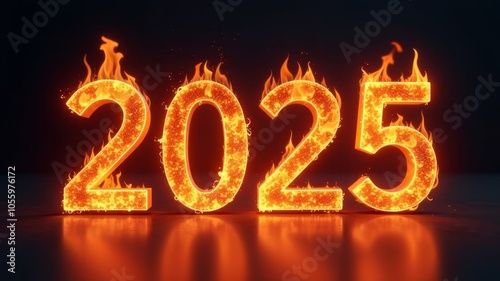 burning numbers of the new year 2025 on a black background