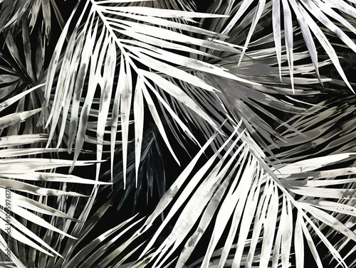 Seamless Hand Painted Jungle Palm Leaves Black and White Acrylic Texture Background