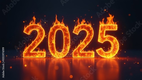 burning numbers of the new year 2025 on a black background