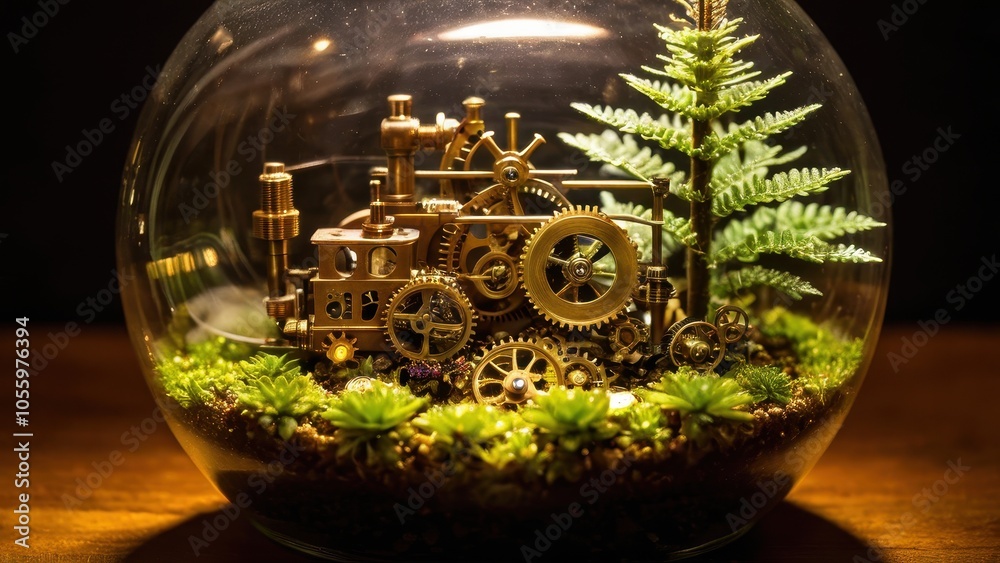 A steampunk-themed terrarium featuring intricate brass gears, plants, and moss, blending mechanical art with nature inside a glass dome. A steampunk-themed terrarium featuring intricate brass gears, plants, and moss, blending mechanical art with nature inside a glass dome.