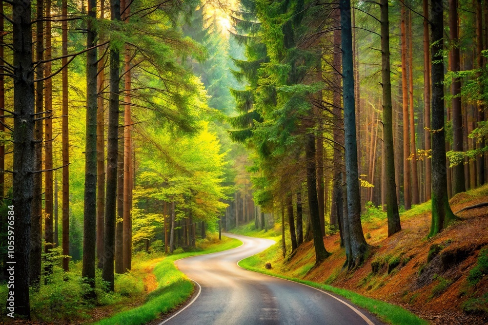 Obraz premium scenic forest landscape with curving road, tilted angle