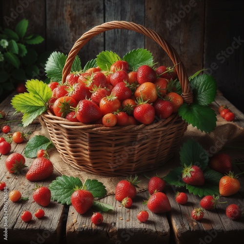 There is a basket of strawberries on a wooden table