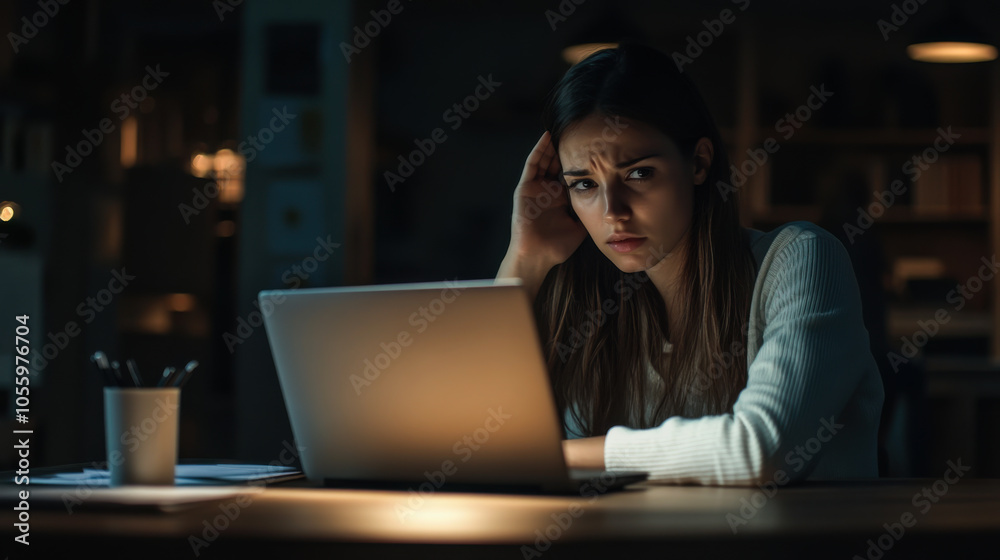 A woman shows frustration while working late at night on her laptop in a cozy home office environment A woman shows frustration while working late at night on her laptop in a cozy home office environment