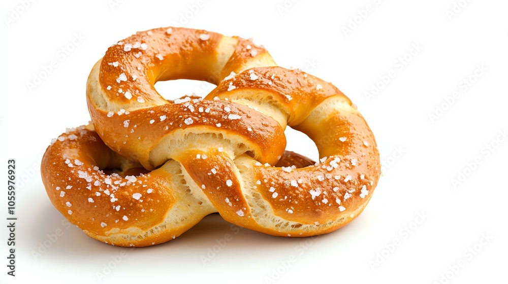 Freshly baked pretzel with coarse salt on a white background. Freshly baked pretzel with coarse salt on a white background.