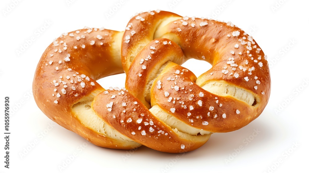 Freshly baked pretzel with salt, golden brown and soft texture, isolated on white background. Freshly baked pretzel with salt, golden brown and soft texture, isolated on white background.
