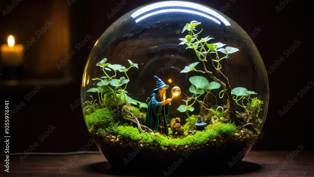A fantasy-themed glass terrarium illuminated with soft lights, containing a wizard figure among moss and enchanted decor. A fantasy-themed glass terrarium illuminated with soft lights, containing a wizard figure among moss and enchanted decor.