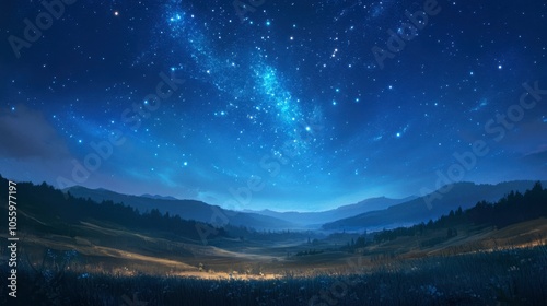 A peaceful landscape beneath a blue sky, where the first stars appear, hinting at the galaxy vast beauty.