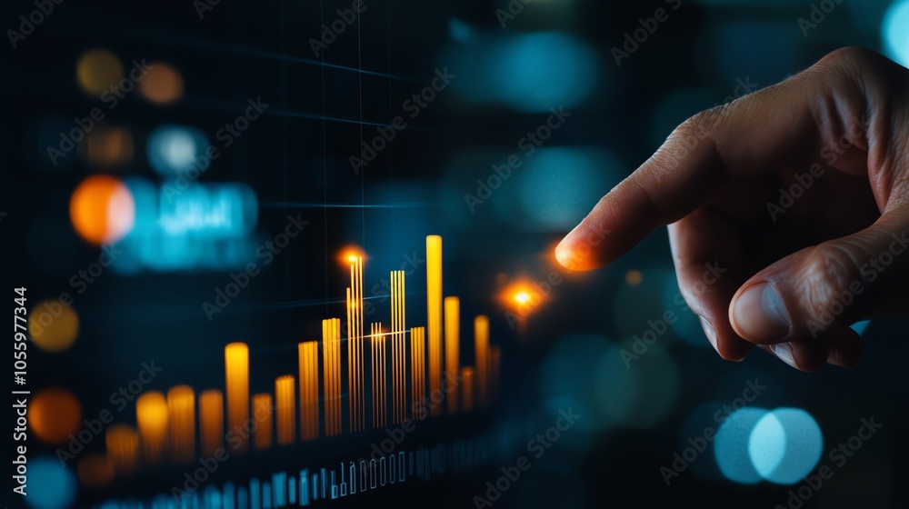 Hand touching a digital financial chart with glowing bars, symbolizing growth and technology. Hand touching a digital financial chart with glowing bars, symbolizing growth and technology.
