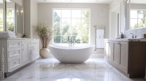 high-end contemporary bathroom design featuring a freestanding tub, natural light cascading in, white marble accents creating a luxurious feel, inviting relaxation and tranquility