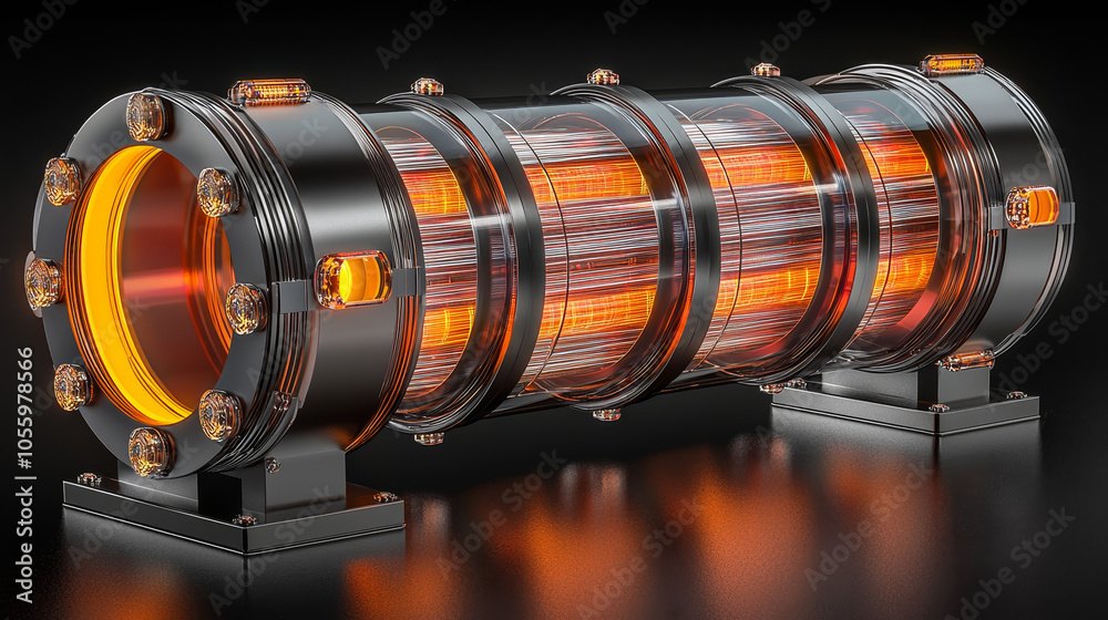 Obraz premium Futuristic energy device with glowing elements and transparent tubes, showcasing light waves and intricate design. Perfect for sci fi themes and technology concepts