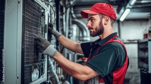 hvac technician diligently maintaining a heat pump, surrounded by tools and equipment in a clean, organized workshop, emphasizing skill and expertise in the trade