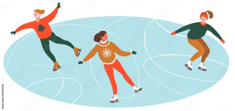 People on Skate Rink. Vector Illustration in Trendy Retro Style for Cards, Posters, Covers, Seasonal Winter Decor People on Skate Rink. Vector Illustration in Trendy Retro Style for Cards, Posters, Covers, Seasonal Winter Decor