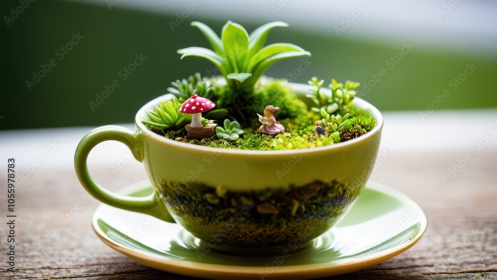 A charming terrarium arranged in a teacup, with small figurines sitting at a table, surrounded by moss and tiny plants. A charming terrarium arranged in a teacup, with small figurines sitting at a table, surrounded by moss and tiny plants.