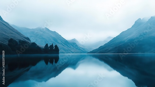 icy blue landscape featuring a serene lake and majestic mountains, wrapped in cool tones, generating a tranquil and refreshing feeling amidst nature's beauty photo