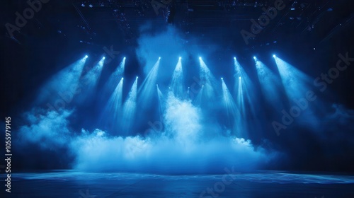 illuminated stage with dramatic scenic lights and swirling smoke, featuring a vibrant blue spotlight effect, creating an atmosphere of excitement and anticipation for a live performance