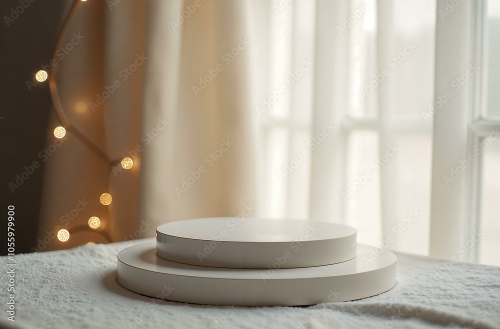 Product Presentation Podium on window and Christmas Tree Background, New Year Advertising Stand with Empty Space for Product Product Presentation Podium on window and Christmas Tree Background, New Year Advertising Stand with Empty Space for Product