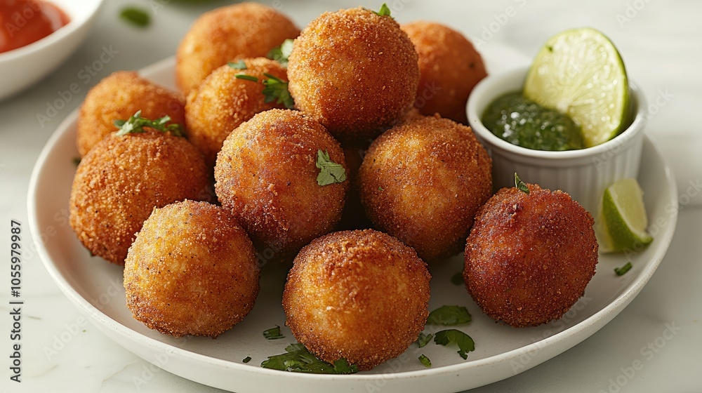 Golden Fried Balls with Dipping Sauce and Lime Wedges Golden Fried Balls with Dipping Sauce and Lime Wedges