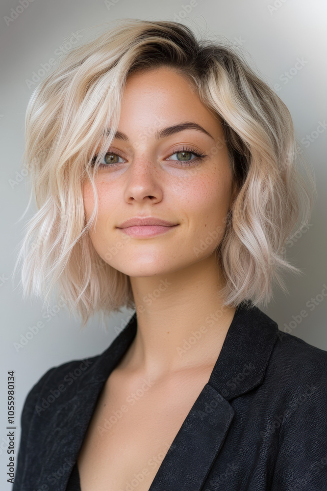 jeune blonde platine mi-longs en blazer noir contre un mur en béton jeune blonde platine mi-longs en blazer noir contre un mur en béton