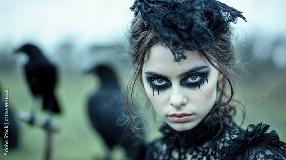 jeune fille déguisée en sorcière d'Halloween avec corbeaux à l'arrière jeune fille déguisée en sorcière d'Halloween avec corbeaux à l'arrière