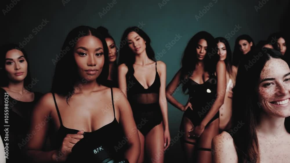 group of people, Group of Diverse Women in Black Lingerie Posing for Fashion Shoot group of people, Group of Diverse Women in Black Lingerie Posing for Fashion Shoot