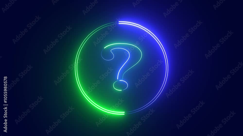 Glowing neon blue and green color question mark animation icon sign symbol on deep blue background. Glowing neon blue and green color question mark animation icon sign symbol on deep blue background.