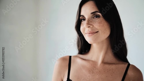 Beautiful Middle-Aged Woman in Black Lingerie Posing and Smiling