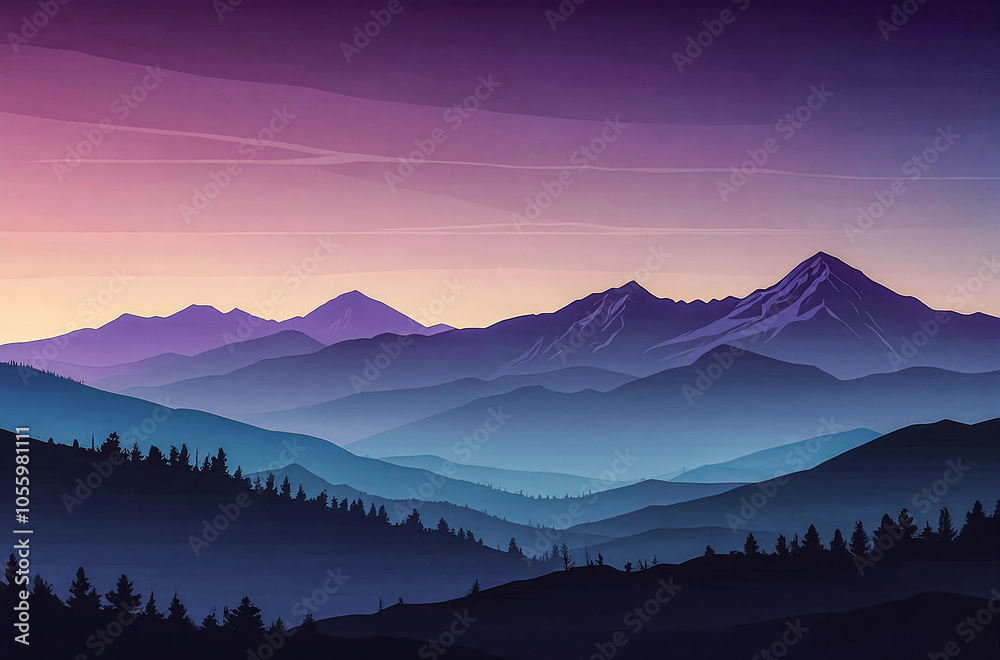 Fototapeta premium Flat Style Mountain Silhouettes in Gradient watercolor vector painting art illustration. 