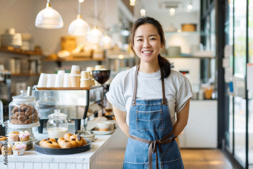 Friendly barista young asian woman smiling in modern coffee shop Friendly barista young asian woman smiling in modern coffee shop