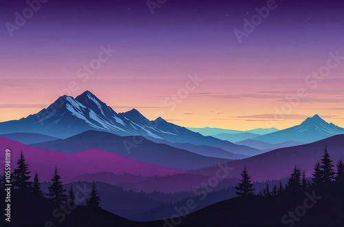 Flat Style Mountain Silhouettes in Gradient watercolor vector painting art illustration. 