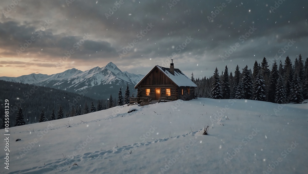 A small, cozy wooden cabin sits on a snowy mountaintop, surrounded by snowy pines and mountains. A small, cozy wooden cabin sits on a snowy mountaintop, surrounded by snowy pines and mountains.