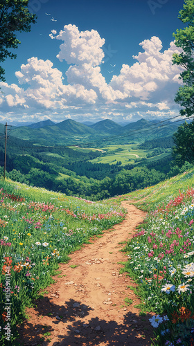 A stunning anime scenery of a dirt road winding through a serene countryside landscape, leading to an open field lined with power lines stretching into the distance. Generative AI