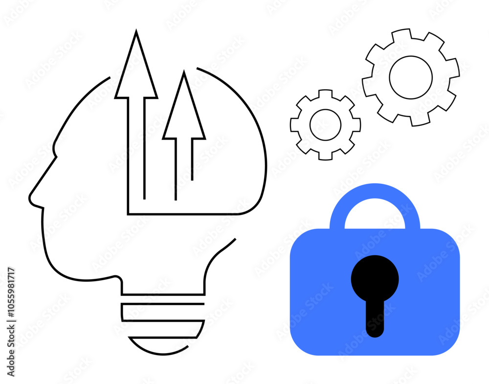 Outline of a head with upward arrows, blue padlock, and gears. Ideal for innovation, security, technology, thinking, progress. Simple line art style Outline of a head with upward arrows, blue padlock, and gears. Ideal for innovation, security, technology, thinking, progress. Simple line art style